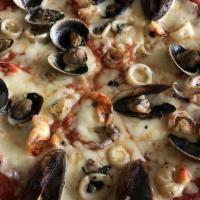 Frutti Di Mare Pizza · Tomato, mozzarella, calamari, shrimp, clams and mussels.