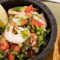 Shrimp Ceviche · Avocado, onions, tomatoes, cucumbers, cilantro, jalapeño, corn chips