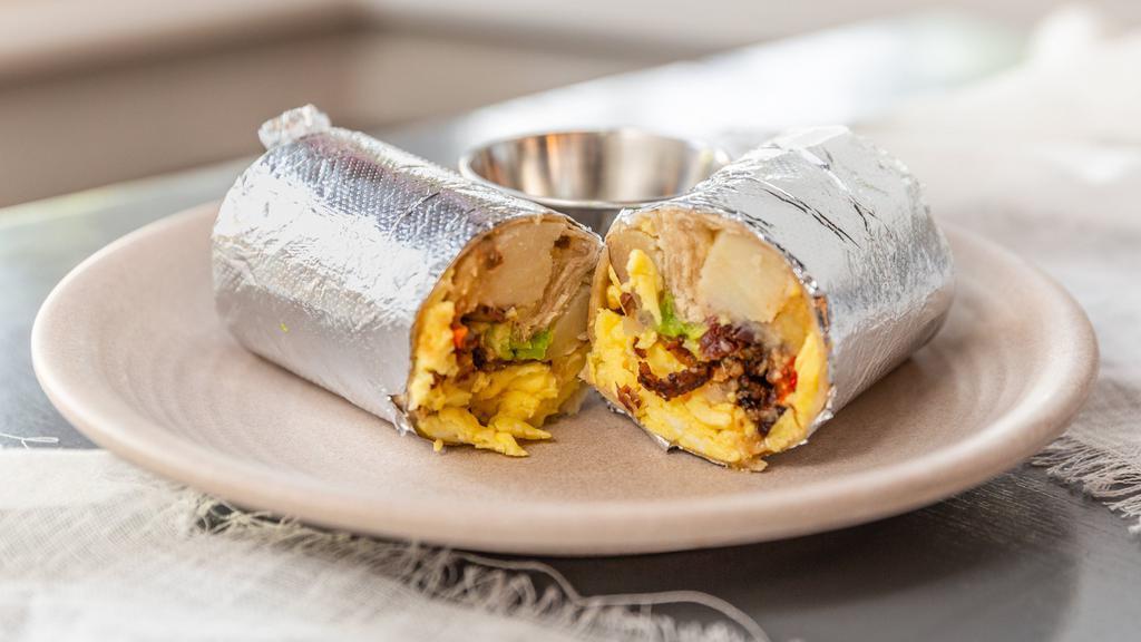 Breakfast Burritos · Mexican: chorizo, potatoes, eggs. Californian: bacon, avocado, eggs. Americano: ham, cheese, eggs.