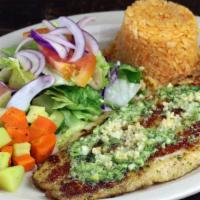 Filete De Pescado Al Mojo De Ajo · Fish fillet in a garlic sauce. Served with rice steamed vegetables & bread.