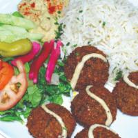 Falafel Plate · Vegetarian. Plain or dill rice, five falafel, any choice of salad, hummus, tzatziki, garlic ...