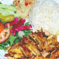 Chicken Plate · Plain or dill rice, boneless chicken, any choice of salad, hummus, tzatziki, garlic sauce, h...