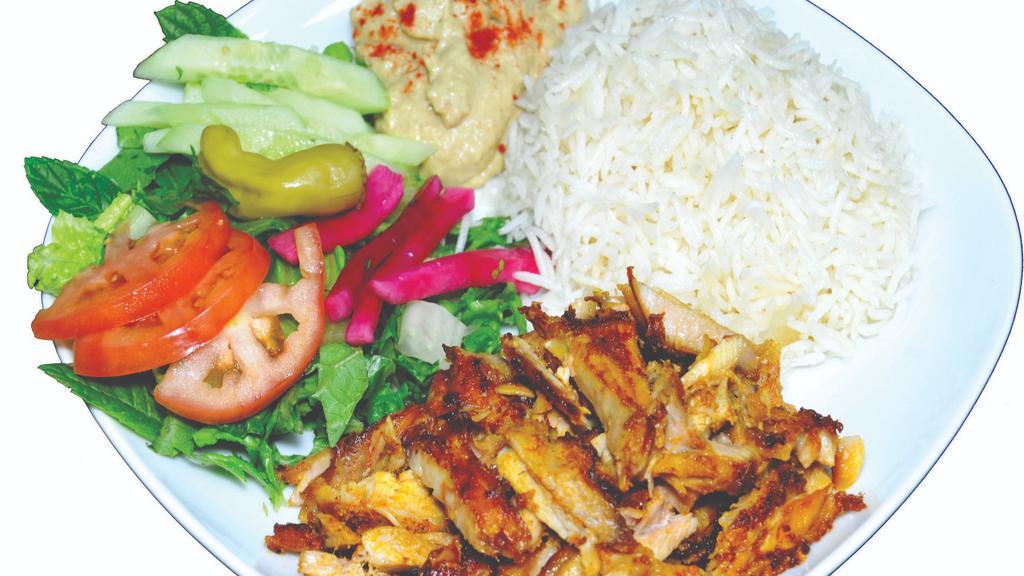 Chicken Plate · Plain or dill rice, boneless chicken, any choice of salad, hummus, tzatziki, garlic sauce, hot sauce and pita bread.