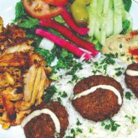 Mix Plate · Plain or dill rice, and two choice of meat or falafel, with any choice of salad, hummus, tza...