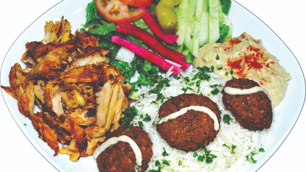 Mix Plate · Plain or dill rice, and two choice of meat or falafel, with any choice of salad, hummus, tzatziki, garlic sauce, hot sauce and pita bread.