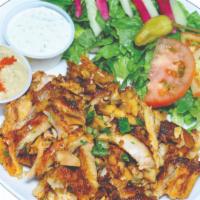 Chicken Salad · Boneless chicken, choice of salad, hummus, tzatziki, garlic sauce, hot sauce and pita bread.