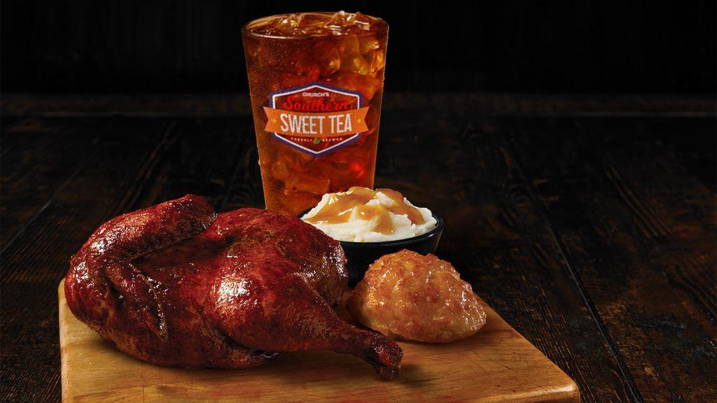Original Smokehouse Chicken Combo · The Smokehouse that started it all! A juicy, half-chicken marinated in our savory, smoky seasoning, cooked crisp and tender without batter or breading. Served with Side of your choice, our scratch-made Honey-Butter Biscuit™ and a large drink.