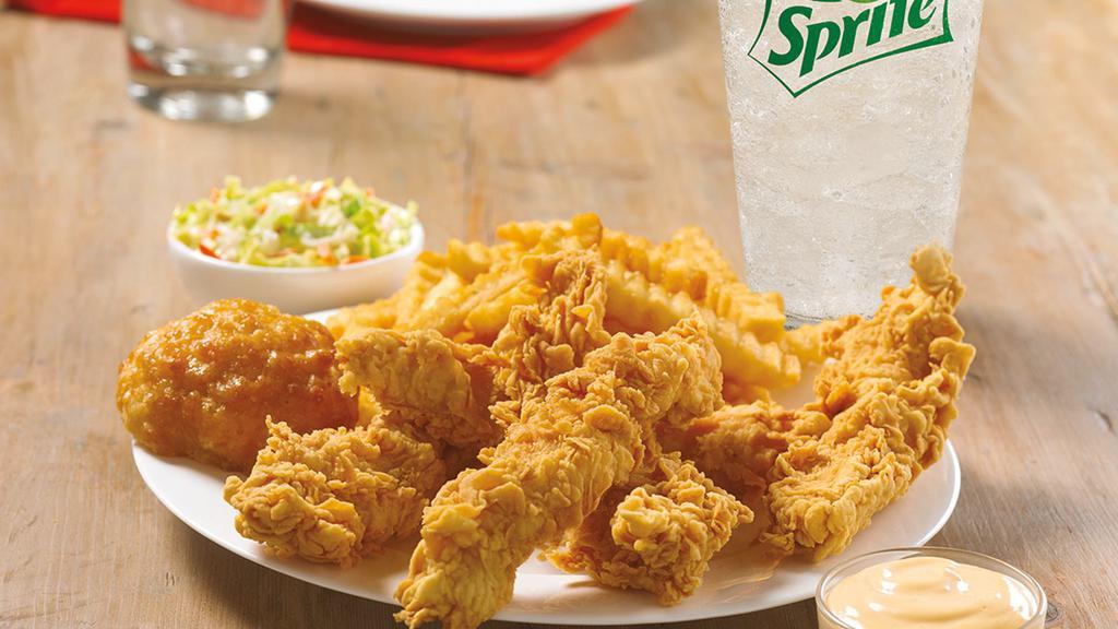 5 Tender Strips® Combo · All-white meat. Golden, crispy perfection. Get five juicy tenders served with one regular side, a  Honey-Butter Biscuit™ and an ice cold drink.