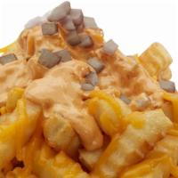 Foster Style Fries · Fries Topped with Fosters Sauce, Chedder Cheese, and Grilled Oinions