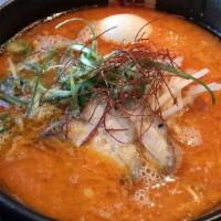 Spicy Miso Tonkotsu · 3 kinds of miso, red, white, and barley are blended with our tonkotsu broth. We can adjust t...