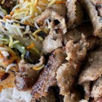 Kebab Plate · Comes with two tender open flame skewers one skewer being chicken and the other being lamb, ...