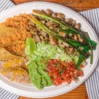#1 House Platter · Choice of carne asada, chicken, carnitas or adobada with side of guacamole, lettuce and mexi...