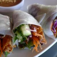 Eggy Fresh Rolls (4) · Crispy chicken or pork eggrolls wrapped with basil, bean sprouts, cucumber, carrots and spri...