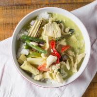 Green Curry · Gluten-free. Our rich green curry with a coconut base, green beans, bamboo shoots, bell pepp...