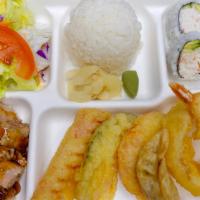 Bbq Chicken Bento · Serves with miso soup, salad
California roll(4), steamed rice
Vege tempura(4) shrimp tempura...