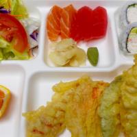 Sashimi(4Pc) & Tempura Bento · Serves with miso soup, salad
California roll(4), orange 
Vege tempura(4) shrimp tempura(1)
T...