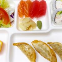 Sashimi(4Pc)I & Gyoza Bento · serves with miso soup, salad, orange
California roll(4pc),gyoza (4)
Tuna(2) salmon (2)