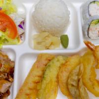 Bbq Beef Bento · Serves with miso soup, salad
California roll(4), steamed rice
Vege tempura(4) shrimp tempura...