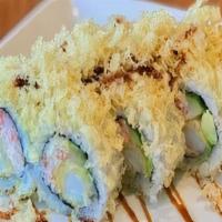 Crunch Roll · In: two shrimp tempura, imitation crab meat, avocado, cucumber. Top: crunch.