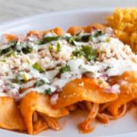 Enchiladas (4) · 4 Chicken or Queso Enchiladas served with a green, red or mole sauce, rice and beans. Topped...