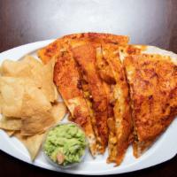 Diablo Shrimp Quesadilla · Flour tortilla, with melted shredded cheese, a spicy chipotle sauce, grilled shrimp with a s...