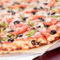 Vegetarian Pizza · Vegetarian. Red sauce, mozzarella cheese, mushroom, black olives, red onion, green bell pepp...