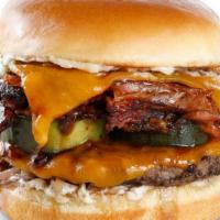 Bbq Brisket Burger · Chuck angus prime burger topped with slow-cooked sliced brisket, cheddar cheese, spiked BBQ ...