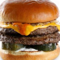 Double Burger · Two chuck Angus prime burgers topped with American cheese, secret sauce, sweet and spicy mus...