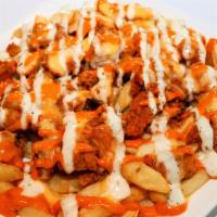 Chicken Zinger Fries · Fries Topped with Spicy Chicken Zinger & Happy Time Special Blended Sauces