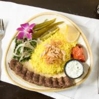 10 Skewers Of Beef Kabob W/Rice · Served with rice, grilled tomatoes, and Pita bread.