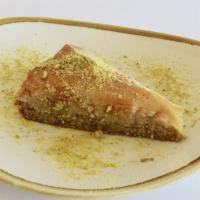 Baklava · Large baklava topped with pistachios.