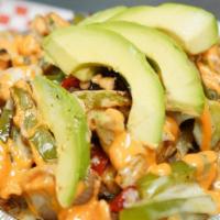 Baja Chicken · Chicken breast, grilled onions, peppers, jalapenos, sriracha aioli, pepper jack, avocado a t...