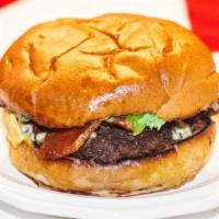 Bacon Bleu · All beef patty, bacon, bleu cheese, American, lettuce, tomato and our own house sauce on a b...