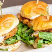 Crispy Chicken  Sliders · 2 sliders with pickles, lettuce and mayo on a brioche slider bun. 500 cal.