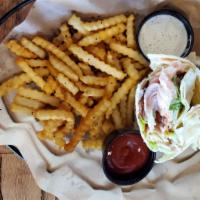 Chicken Club Wrap  · Aged cheddar cheese, Applewood bacon, tomato, lettuce, mayo in
a flour tortilla with ranch d...