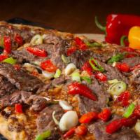 Sirloin · USDA Choice Cut Sirloin, mozzarella, scallions, fire roasted red peppers, bold & spicy steak...