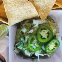 House Made Guacamole · Avocado, lime, fresh jalapenos, onion and cilantro with house made tortilla chips. 630 cal