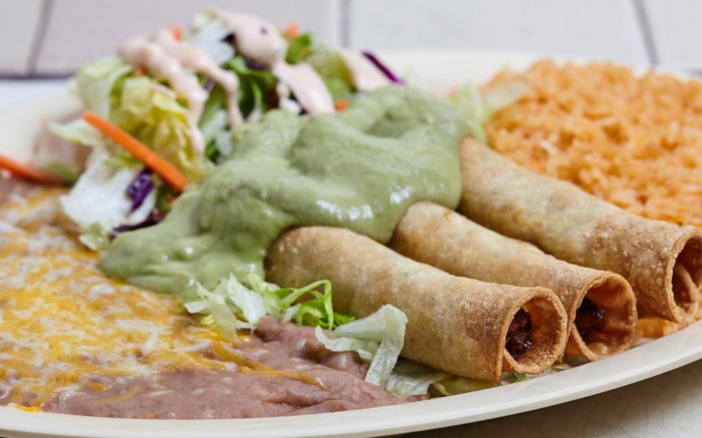 3 Taquitos Platter · Made with corn tortillas served with guacamole. Served with rice, beans and a small salad.