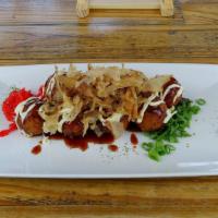 Takoyaki (8) · Fried octopus balls, bonito flake, scallion, red ginger