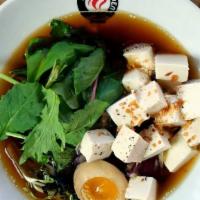 Popeye Ramen · Original soy based,kombu umami enhanced lite soup, spinach noodle, spring mix, tofu, broccol...