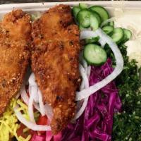 Chicken Schnitzel · All white chicken breast breaded and fried.
Gluten free
Plate / Salad / Pita / Wrap