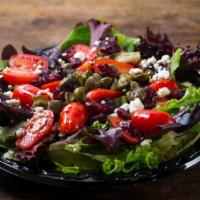 Doppio Zero Salad · Organic spring mix, organic cherry tomatoes, dried sweet cranberries, capers, Goat cheese, e...