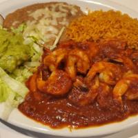 Camarones A La Diabla · Shrimp cooked with hot diablo salsa. Served with rice, beans, guacamole, and tortillas. Serv...