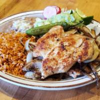Grilled Chicken Breast Plate · 2 grilled 6 oz. chicken breast. Topped with grilled onions and serrano chiles. Served with r...