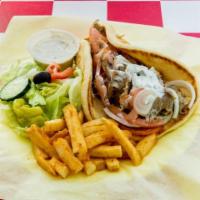 Gyro Lover'S Plate · Pita bread, cucumber sauce, lettuce, onions, tomatoes, and feta cheese.