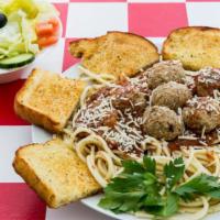 Spaghetti & Meatballs · Topped with marinara sauce or meat sauce & mozzarella cheese.