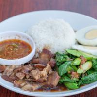 Pork Leg Rice · Braised pork leg served over jasmine rice, served with chinese broccoli, hard-boiled egg, an...
