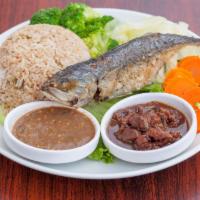 Spicy Shrimp Paste Fried Rice With Fried Mackerel · Served with fried mackerel, braised sweet pork, and steamed vegetable.