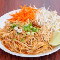 Pad Thai · Peanut allergy alert.Gluten-free.Popular dish.Stir-fried small rice noodles with choice of p...