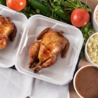 Family Pack · Includes: Two whole chickens, Large Beans, Large Rice, Large Potato Salad, Salsa and tortill...